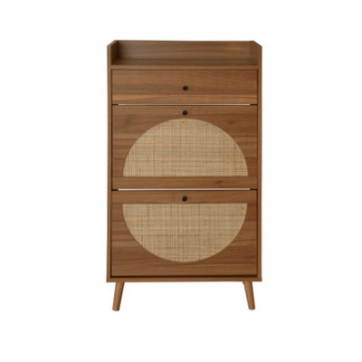 TIRAMISUBEST Farmhouse Shoe Cabinet - 2-Door Walnut & Rattan (23"W x 43"H)