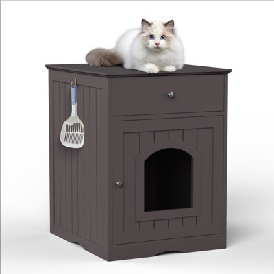 FURNIinspire Wooden Pet House Cat Litter Box Enclosure with Drawer, Side Table, Indoor Pet Crate, Cat Home Nightstand