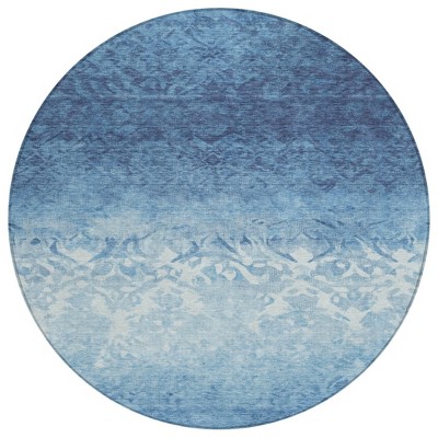 HomeRoots 8' Denim Blue And Ivory Round Damask Washable Indoor Outdoor Area Rug