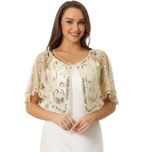 Allegra K Women's Sequin Beaded Bridal Cover-Up Evening Cape Flapper Bolero - 1 of 4