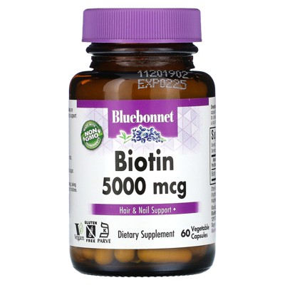 Bluebonnet Nutrition Biotin 5000 Mcg Vegetable Capsules, Biotin is a B Vitamin That Helps Make Keratin, Vegan, Vegetarian, Non GMO, Gluten Free, Soy