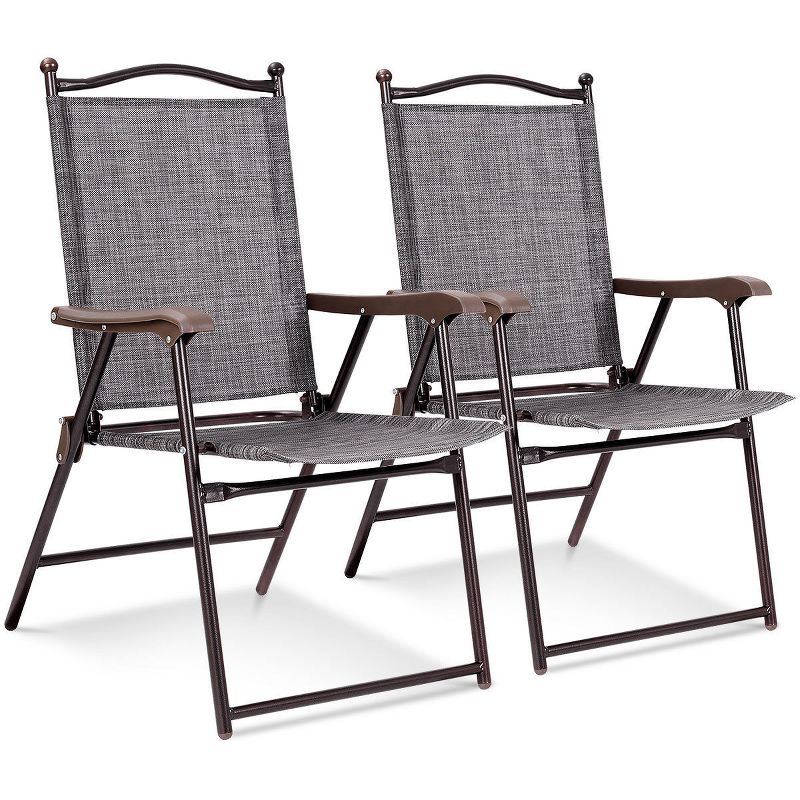 Costway Set of 2 Patio Folding Sling Back Chairs Camping Deck Garden Beach Brown/Black/Gray/Yellow, 1 of 10