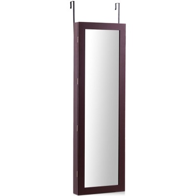 Tangkula Lockable Armoire Dressing Organizer Wall Door Mounted Mirrored Jewelry Cabinet  w/ LED Lights