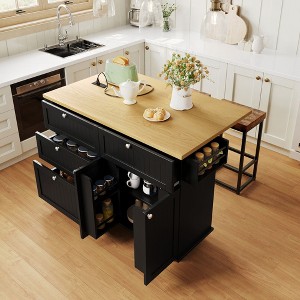Whisen Farmhouse Kitchen Island on Wheels, Kitchen Cart Set with 2 Seatings and Storage Cabinet, Drawers - 1 of 4