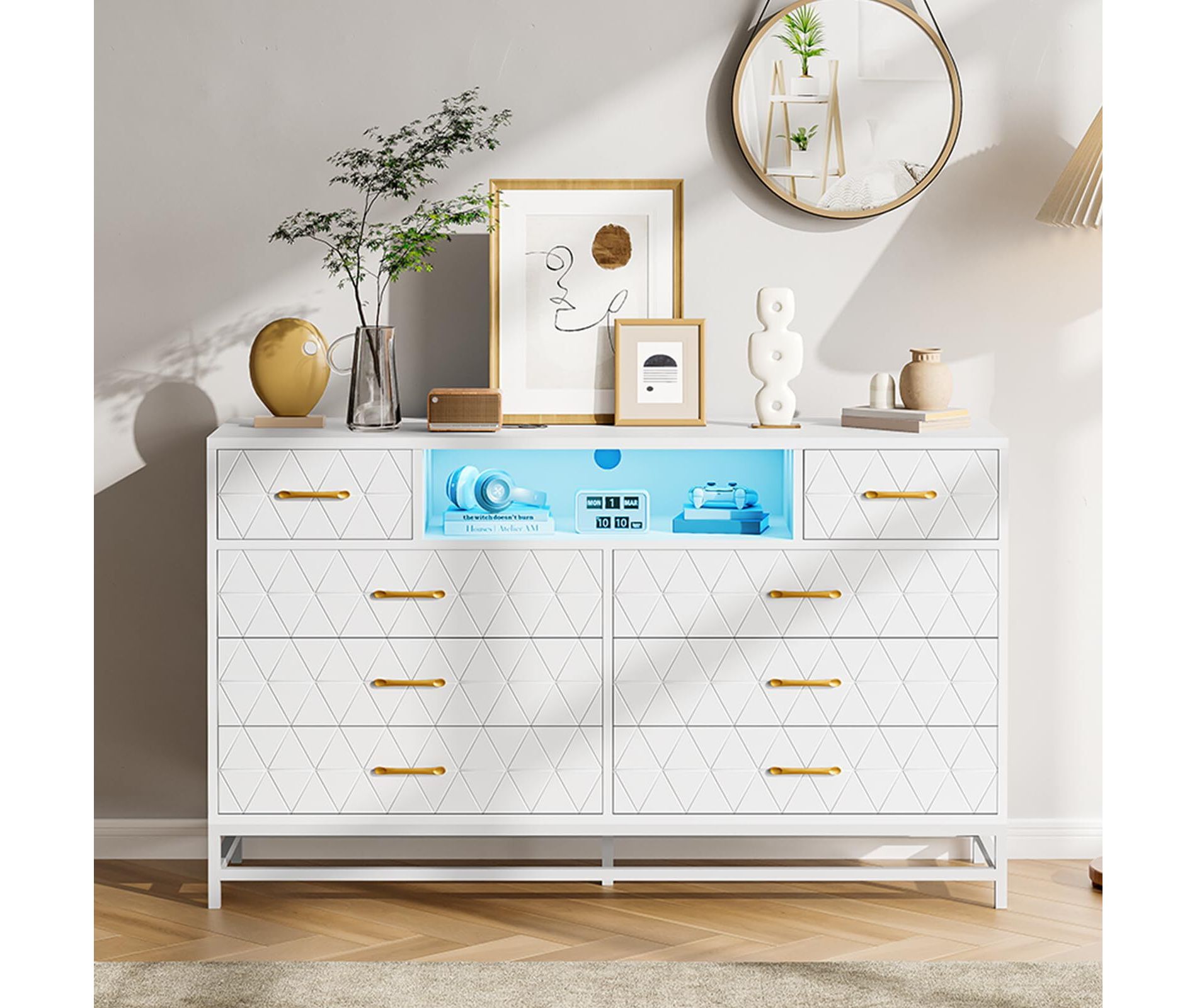 White Dresser for Bedroom, 8 Drawer Dresser