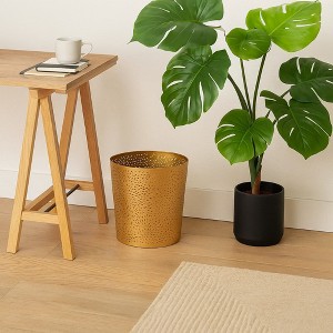 Royal Hampton 10" Decorative Iron Wastebasket Trash Can, Leaf Etched Design - 1 of 4