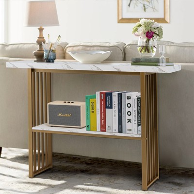 White Faux Marble and Gold Metal Console Table with Storage Shelf