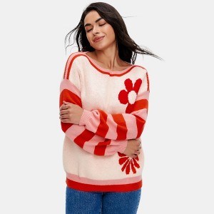 Knit & Lounge Women’s Bold Striped Floral Sweater Pullover Graphic Knit Long Sleeve Relaxed Fit Soft Statement Top - 1 of 4