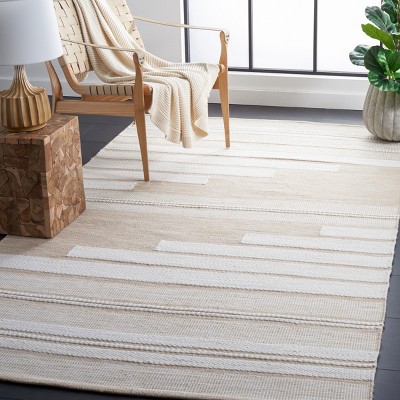 Ivory and Tan Striped 6' x 9' Flatweave Wool Rug