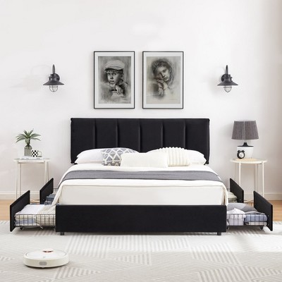 VECELO Upholstered Bed Frame with 4 Storage Drawers and Adjustable Velvet Headboard