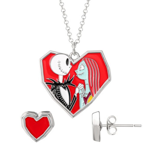 Disney The Nightmare Before Christmas Womens Costume Necklace and Earrings  Set - Jack and Sally Heart Necklace with Heart Studs