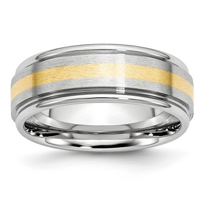 Black Bow Jewelry 8mm Cobalt & 14K Gold Inlay Satin & Polished Grooved Ridged Band