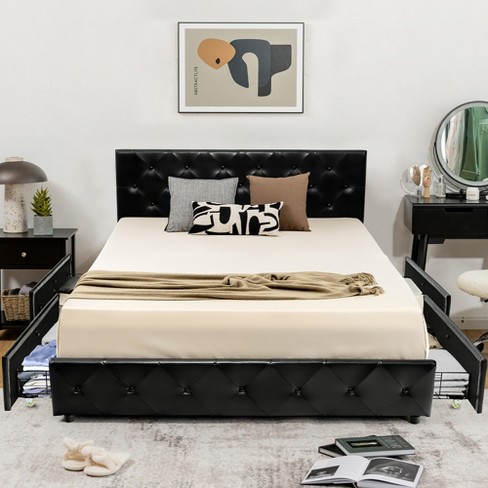 Queen Size Faux Leather Platform Bed Frame with Button Tufted