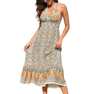 YesFashion Women's Dress Boho Deep V Neck Sleeveless Backless Adjustable Tie dress Floral Print Midi Dress Flowy Beach Dress - 1 of 4