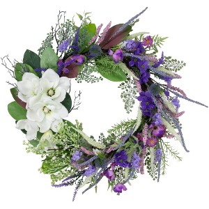 Northlight Mixed Wildflowers and Magnolias Artificial Spring Wreath, 24-Inch - 1 of 4