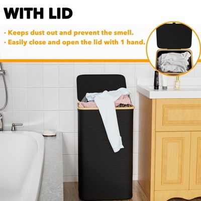 Black Collapsible Laundry Hamper with Bamboo Lid and Handles