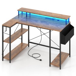 Costway 48" L-Shaped Gaming Desk with LED Lights & Power Outlets Storage Shelves Brown/Black - 1 of 4