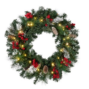 Sullivans Artificial 24" LED Mixed Pine Christmas Wreath with Flocking, Pinecones and Berries, Green, Indoor Christmas Decor - 1 of 4