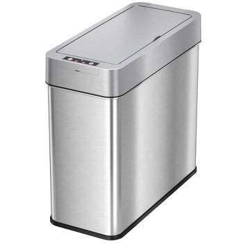 iTouchless Bathroom Sensor Trash Can with AbsorbX Odor Filter Left Side Lid Open Rectangular 4 Gallon Silver Stainless Steel