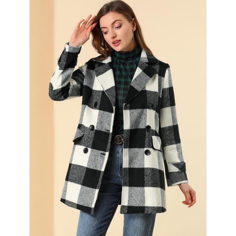 Allegra K Women's Notched Lapel Double Breasted Winter Plaids Overcoat, 4 of 8