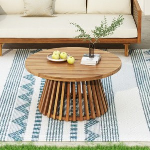31.5" Round Outdoor Coffee Table with Sturdy Base, Small Patio Furniture, High-Quality Acacia Wood Table for Deck or Backyard–The Pop Home - 1 of 4