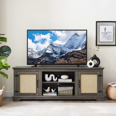 VYNXARIA Gray Farmhouse Rattan TV Stand Console Table for TVs up to 70 Inches with Storage Shelves