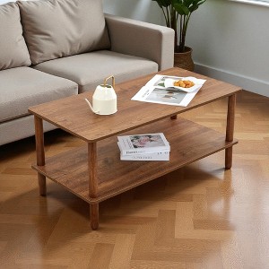Mshliw Modern 2-Tier Coffee Table with Open Storage Shelf, Rectangular Center Table with Rounded Rubberwood Legs, Wood Finish - 1 of 4