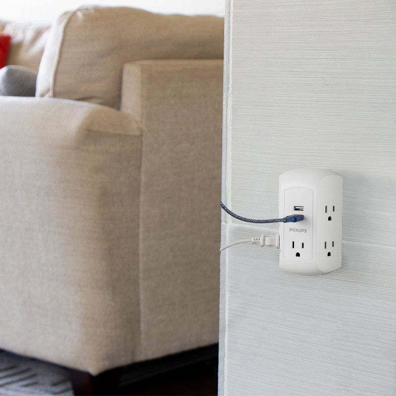 Philips 5-Outlet Grounded Tap 2 USB Ports 2.4A Adapter Spaced Outlets 560J - White Turtle, 4 of 8