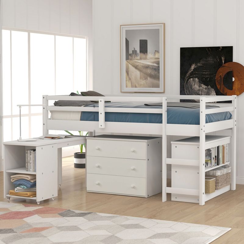 Low Twin Loft Bed with Cabinet and Rolling Portable Desk - ModernLuxe, 2 of 11