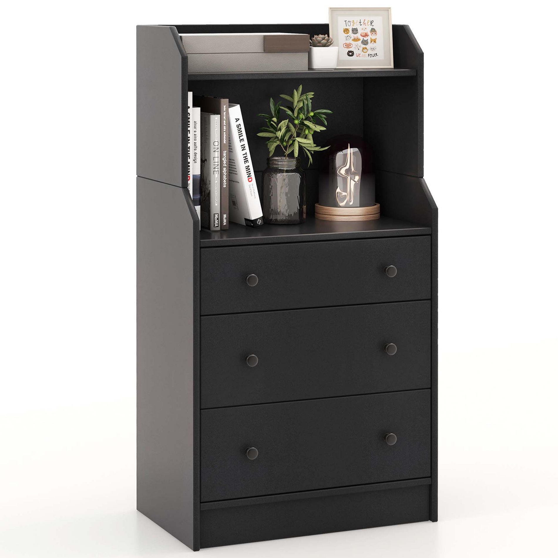 Costway 3-Drawer Dresser 44" Tall Wood Storage Organizer Chest with 2 Open Shelves Black