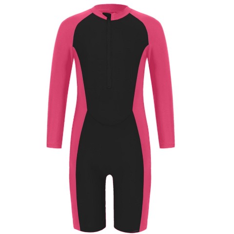 YesFashion Long Sleeve Swimsuit Girls UPF 50+ Rash Guard Bathing Suits Zip Up One Piece Swimwear Age 4-13y Hot Pink 140