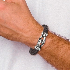 Chisel Stainless Steel Antiqued and Polished Dark Brown Braided Faux Leather 8.5" Bracelet - 1 of 4