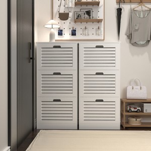 Vynxaria Wooden Shoe Cabinet for Entryway ¨C White Storage with 3 Flip Doors, Dimensions: 20.94"x9.45"x43.11". - 1 of 4