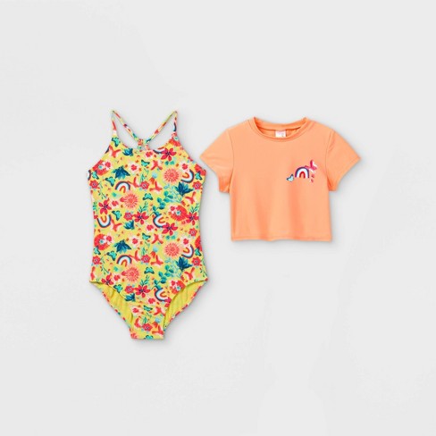 Girls Floral Rainbow Print Short Sleeve One Piece Swimsuit Set Cat Jack Coral Target