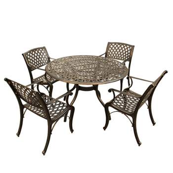 5pc Outdoor Dining Set - UV-Resistant, Powder-Coated Aluminum, 48" Round Table, Modern & Traditional Mesh Lattice Design - Bronze - Oakland Living