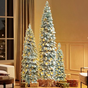 White Flocked Fir Pre-Lit Pencil Christmas Tree Set,8ft 6ft 4ft Slim Artificial Holiday Tree with 11 Lighting Modes-Baofuwish - 1 of 4