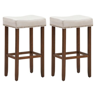 Costway Set of 2 Nailhead Saddle Bar Stools 29.5'' Height w/ Fabric Seat & Wood Legs GrayBeige