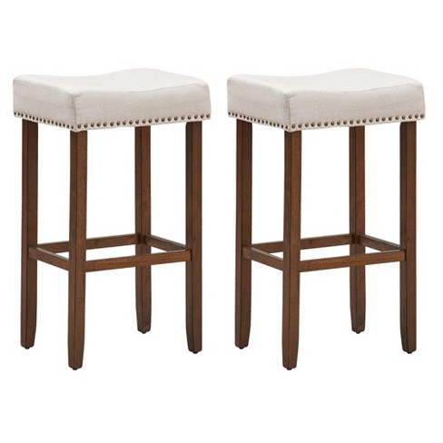 Costway Set of 2 Nailhead Saddle Bar Stools 29.5'' Height w/ Fabric Seat & Wood Legs GrayBeige - image 1 of 4