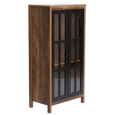 Natural Wood and Black Glass Door Curio Cabinet