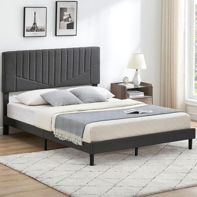 Whizmax Queen Size Bed Frame Upholstered Platform with Headboard, Adjustable Headboard, Wooden Slats Support, Light Grey