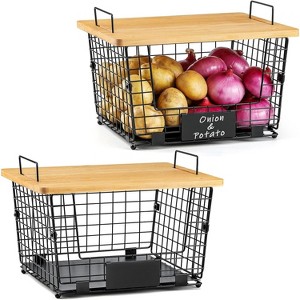 Paaaawaters 2 Set XXL Stackable Wire Basket with Bamboo Tops & Tag- Pantry Organizer and Storage Bins - 1 of 4