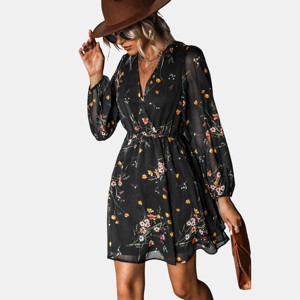 Women's Floral Long Peasant Sleeve Chiffon A-Line Mini Dress - Cupshe - 1 of 4