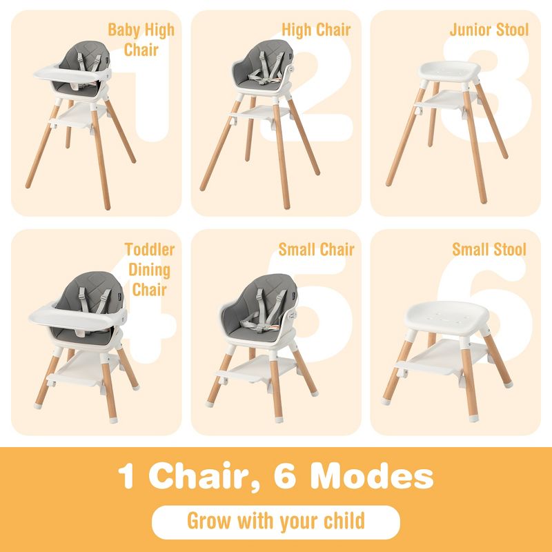 Costway 6-in-1 Convertible Wooden Baby Highchair Infant Feeding Chair with Removable Tray Black/Grey/Pink/White, 4 of 11