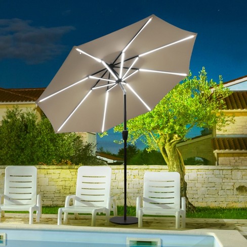 9FT Patio Solar Umbrella LED Market Steel Tilt W/ Crank Outdoor Garden Patio 