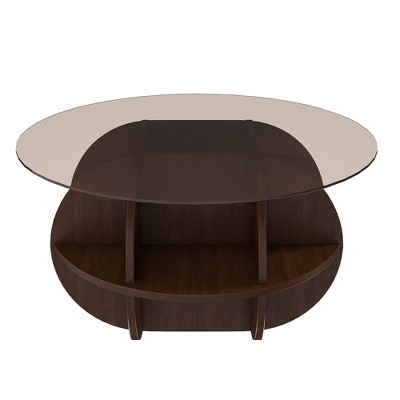 QingMoon Coffee Table with Storage, Round Glass Center Table with Tempered Glass Top and Wooden MDF Frame for Living Room and Office
