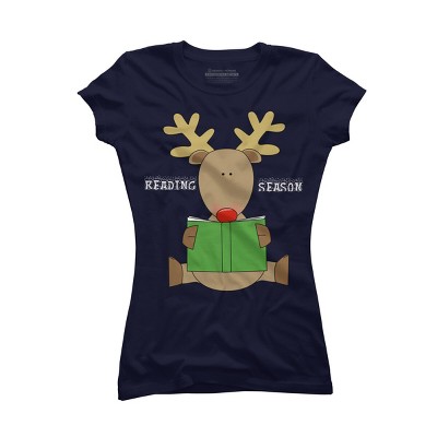 Junior's Design By Humans Christmas Reading Reindeer Shirt By Galvanized T-Shirt