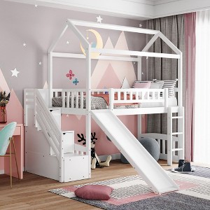 NicBex Twin Size Loft Bed House shape Wooden Bed Frame with Storage Stairs, Slide, Ladder and Full Length Guardrail, No Box Spring Required - 1 of 4