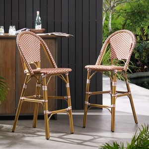 Set of 2 29.5" Outdoor PE Rattan and Aluminum French Barstools, Black and Bamboo Finish-Christopher Knight Home - 1 of 4