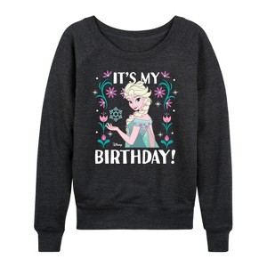 Women's - Disney - Elsa It's My Birthday Lightweight French Terry Wide Neck Long Sleeve Shirt - 1 of 4