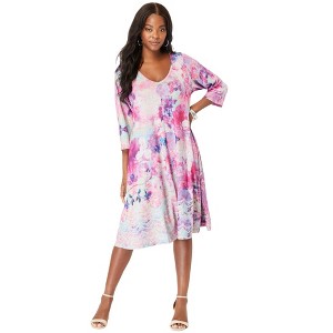 Roaman's Women's Plus Size Printed V-Neck Dress - 1 of 4